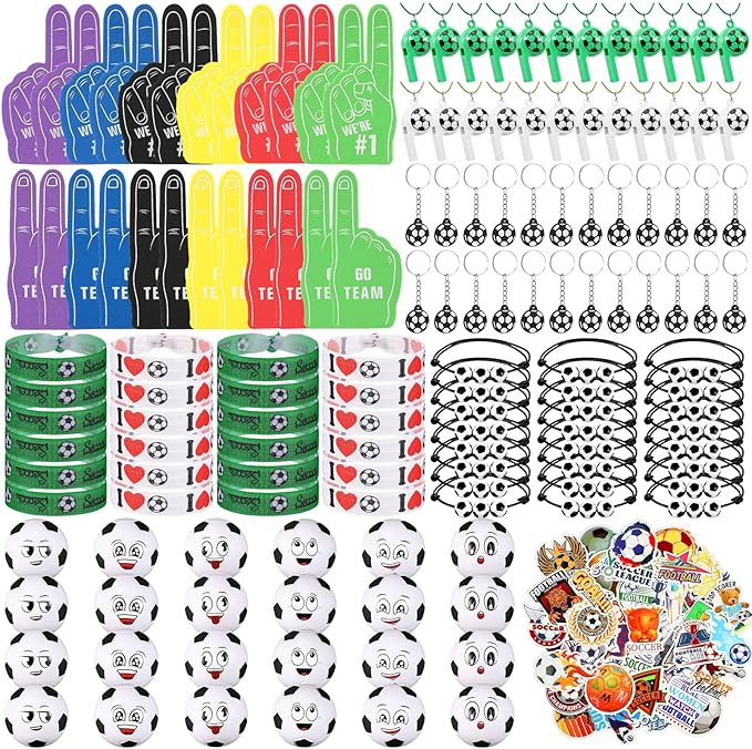 Maxdot 194 Pcs Soccer Party Favors 24 Set Soccer Goodie Foam Finger Mini Face StressBall Keychain Bracelet Wristband Whistle Sticker for Kids Birthday Party Supplies Gift
