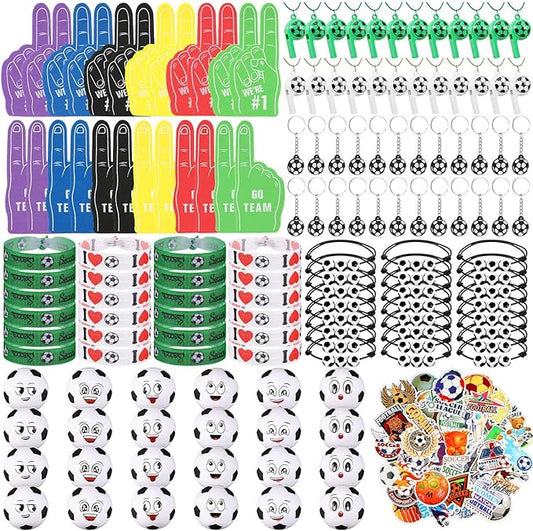 Maxdot 194 Pcs Soccer Party Favors 24 Set Soccer Goodie Foam Finger Mini Face StressBall Keychain Bracelet Wristband Whistle Sticker for Kids Birthday Party Supplies Gift