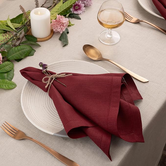 D'Moksha Homes Dark Red Linen Napkins Set of 8 - Classic Hemstitch 100% Pure Linen Hemstitch Dinner Napkins 20 x 20 Inch for Valentines, Spring - Handcrafted and Machine Washable