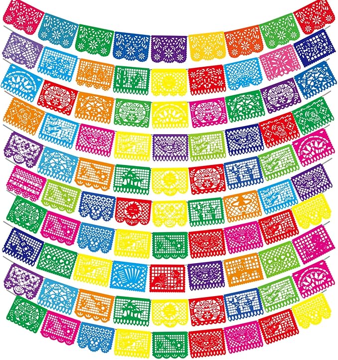 10 Pack Mexican Party Banners Total 170 Feet, Paper Picado Banner Mexican Party Decorations Day of The Dead Fiesta Decorations for Dia De Los Muertos Decor Supplies