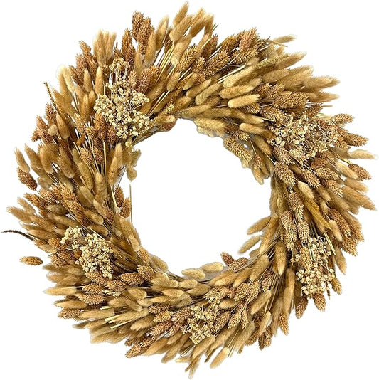 Galt International 21" Preserved Golden Natural Dried Lush Wheat Autumn Fall Wreath - Straw Wreath for Front Door Farmhouse Harvest Thanksgiving Decorations Home Decor Pampas