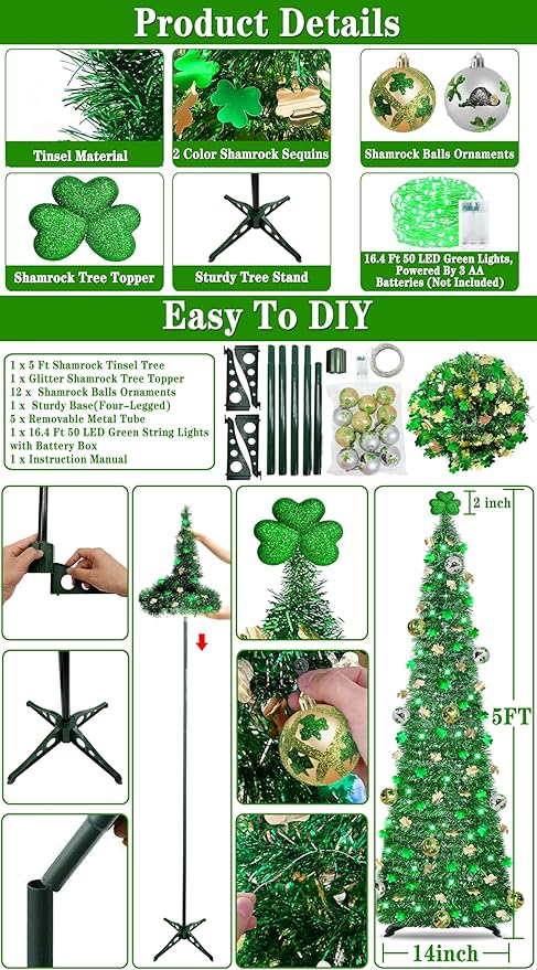 Timer & Shamrock - St Patricks Day Decorations, 5Ft Lighted St Patricks Day tree with 50 LED Green Lights 12 Balls Ornaments Battery Operated Pop Up Tinsel Collapsible Tree for Home Porch Office Party