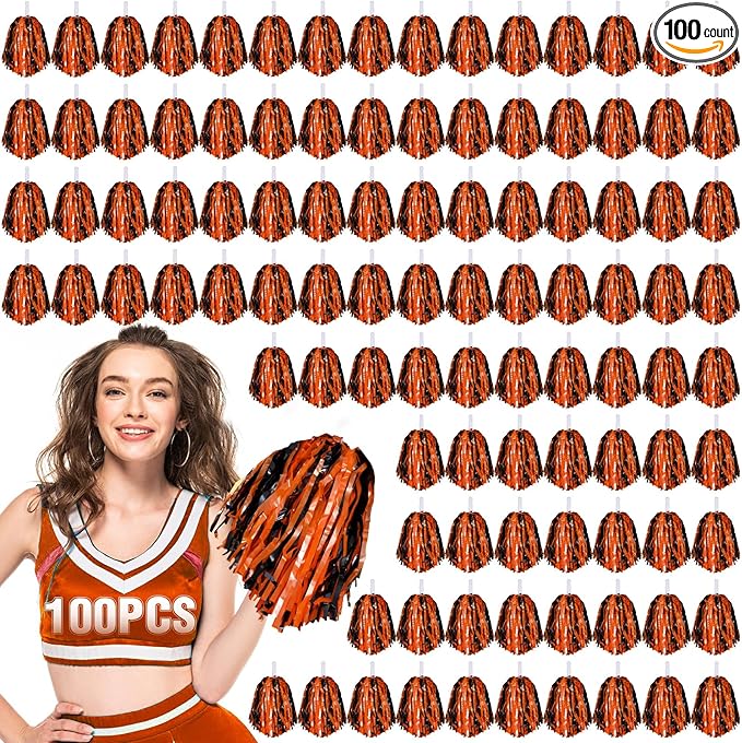 Hanaive 100Pcs Metallic Cheerleading Pom Poms with Baton Handle Cheerleader Pompom Foil 30g Cheering Squad Hand Flowers for Adults Team Spirit Sports Party Cheering