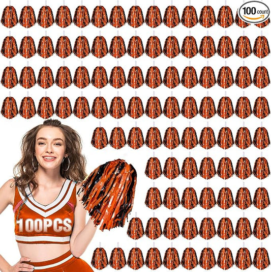 Hanaive 100Pcs Metallic Cheerleading Pom Poms with Baton Handle Cheerleader Pompom Foil 30g Cheering Squad Hand Flowers for Adults Team Spirit Sports Party Cheering