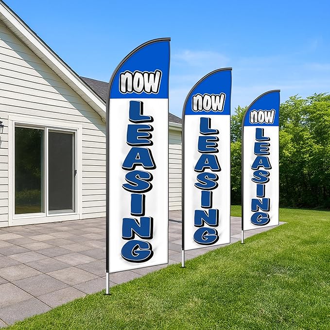 OnPoint Wares Now Leasing King Feather Flag Kit - 3 Pack, 2.5 ft x 12 ft, Blue & White, Leasing Promotion, Outdoor Advertising, Property Promotion