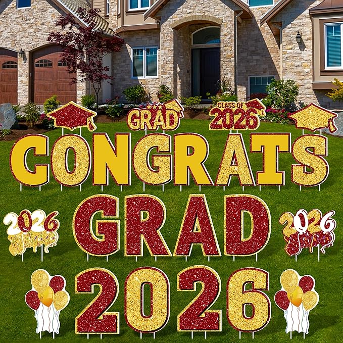 ANVAVO 2026 Congrats Grad Yard Signs Graduation Waterproof Decorations Graduation Yard Sign Decorations Grad Party Outdoor Lawn Decor with Stakes, Red and Gold