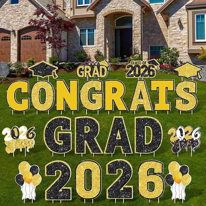 ANVAVO 2026 Congrats Grad Yard Signs Graduation Waterproof Decorations Graduation Yard Sign Decor Grad Party Outdoor Lawn Decor with Stakes, Black and Gold