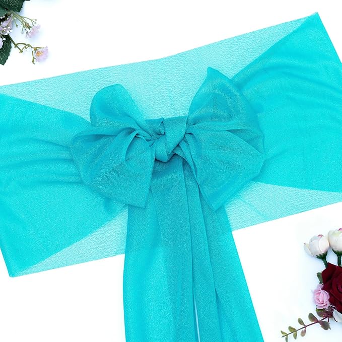 VDS Pack of 300, Peacock Blue, Sheer Chiffon Chair Sashes Bows Chair Cover Back Tie Ribbon for Wedding Birthday Baby Shower Engagement Ceremony Event Party Banquet Restaurant Dining Chair Decoration