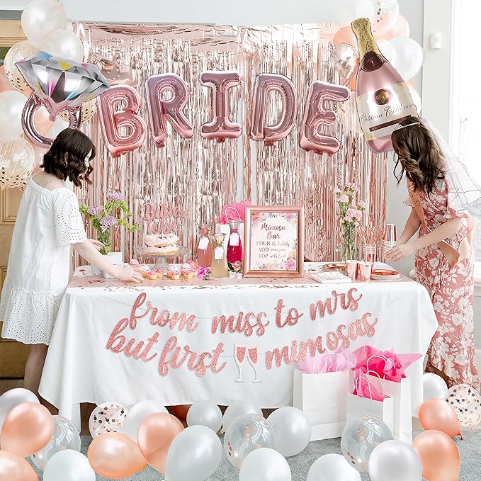 Bachelorette Party Decorations Kit, Rose Gold Bridal Shower, Bride Balloons, Banner, Sash, Tiara & Veil, Fringe Curtain, Mimosa Bar, Plates Cups Napkins for 25 Guests