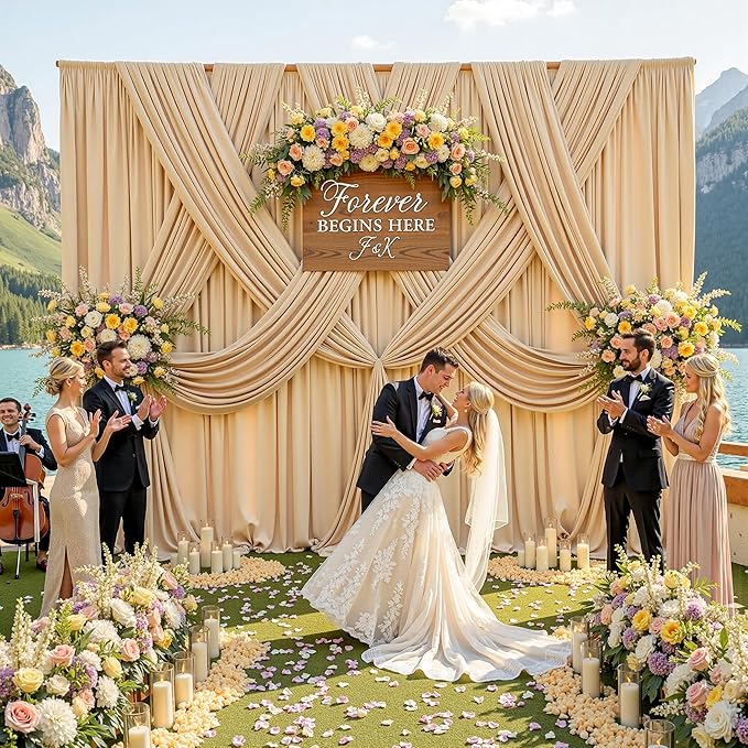gogoparti 20x12ft Beige Backdrop Curtain for Wedding Parties, 4 Panels (5x12 ft Each) Wrinkle-Free Dackdrop Curtains, Silky Draping Fabric for Birthday Party, Baby Shower, Photo Background