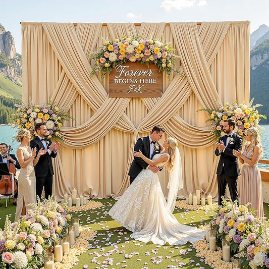 gogoparti 20x12ft Beige Backdrop Curtain for Wedding Parties, 4 Panels (5x12 ft Each) Wrinkle-Free Dackdrop Curtains, Silky Draping Fabric for Birthday Party, Baby Shower, Photo Background