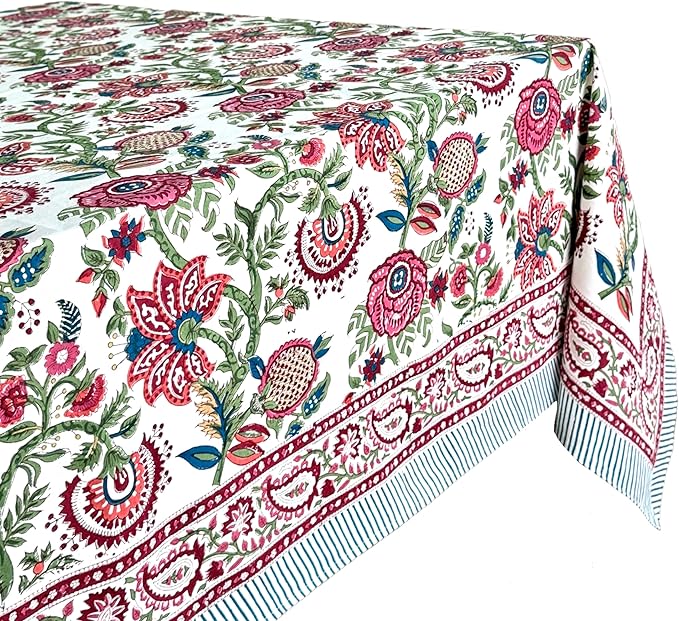 ATOSII Ruby 100% Cotton Square Summer Tablecloth, Block Print Floral Table Cloth for Dining Table, Parties, Weddings, Outdoors Grand Millenial Decor I 60 X 60 Inches I 4 Seater I