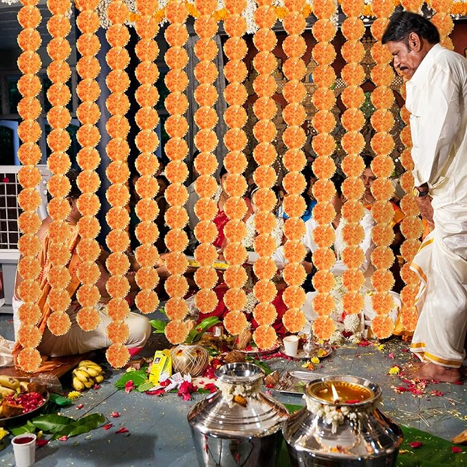 Giegxin 15 Pack Marigold Garland for Decoration 5 ft Long Strands Faux Artificial Marigold Flowers for Dia De Los Muertos Diwali Indian Wedding Party Decorations(Orange Red)