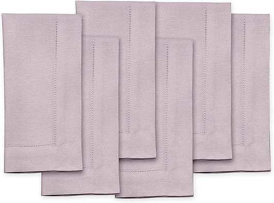 Solino Home Linen Napkins Set of 6 - Classic Hemstitch 100% Pure Linen Lilac Dinner Napkins Cloth 20 x 20 Inch for Valentines, Spring, Easter - Handcrafted and Machine Washable
