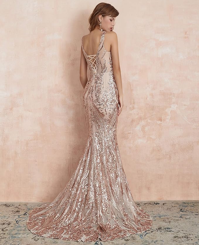 Women's Double V-Neck Sequins Lace-up Mermaid Evening Dress