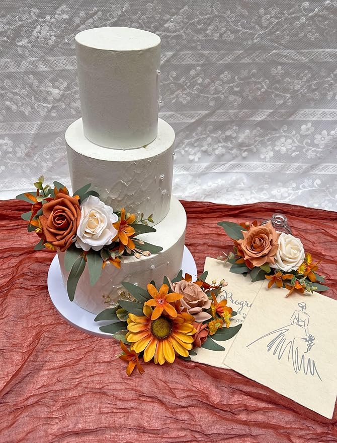 CherishedMoments 3Pcs Cake Topper Set, Wedding Artificial Flowers Decor Straw Yellow Sunflower Scheme Cake Topper Decorations for Wedding Ceremony Anniversary, Party Decor