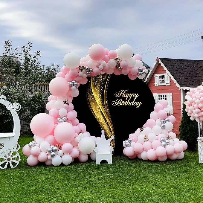 Gold Happy Birthday Round Backdrop Cover 7.5ft Black Round Photography Background Shining Gold Sequins Black Arch Backdrop Cover for Women Man Birthday Party Banner Adult Chidren Photo Props