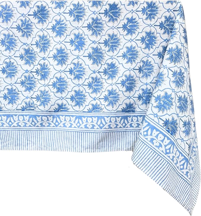 ATOSII Padma Blue 100% Cotton Square Summer Tablecloth, Indian Block Print Floral Table Cloth I Dining Parties Weddings Outdoors Holidays 60 X 60 Inches, 4 Seater I Grandmillennial Farmhouse Boho