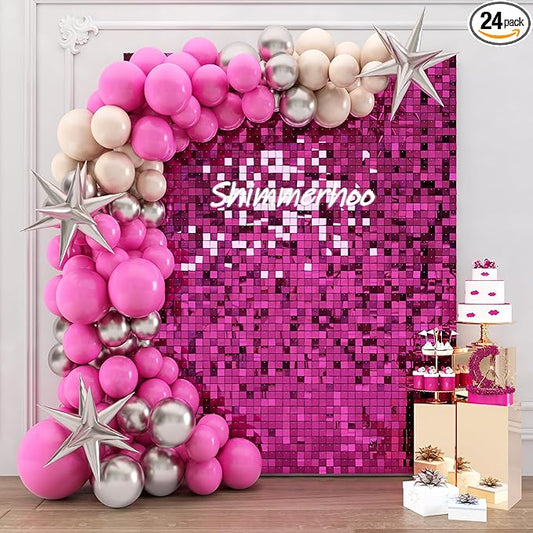 Shimmer Wall Backdrop - 24pcs Decorations Panel | Wedding, Birthday, Anniversary, Engagement & Bridal Shower Party Decor Panel (Hot Pink)