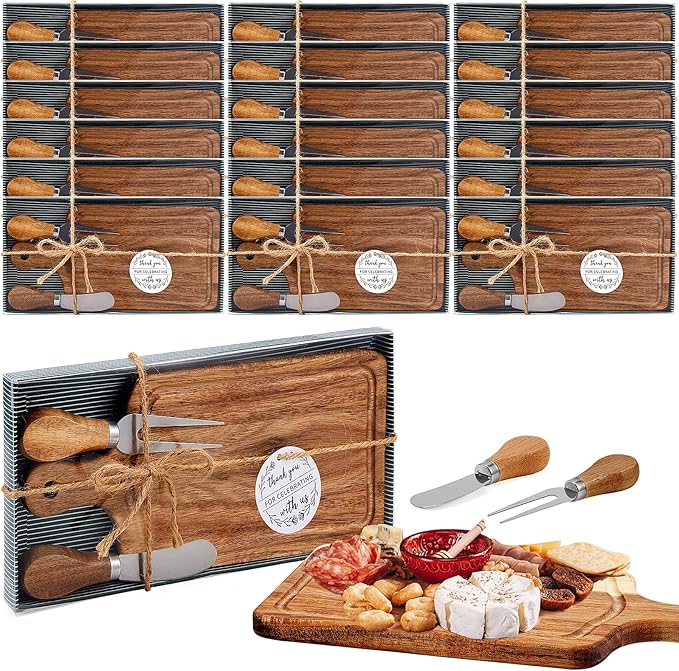 18 Set Bridal Baby Shower Cheese Prizes Wooden Square Board Gift Set Knives Forks Thank You Tags with Box for Guests for Valentines Bridal Baby Shower Housewarming Gifts (Acacia Color)