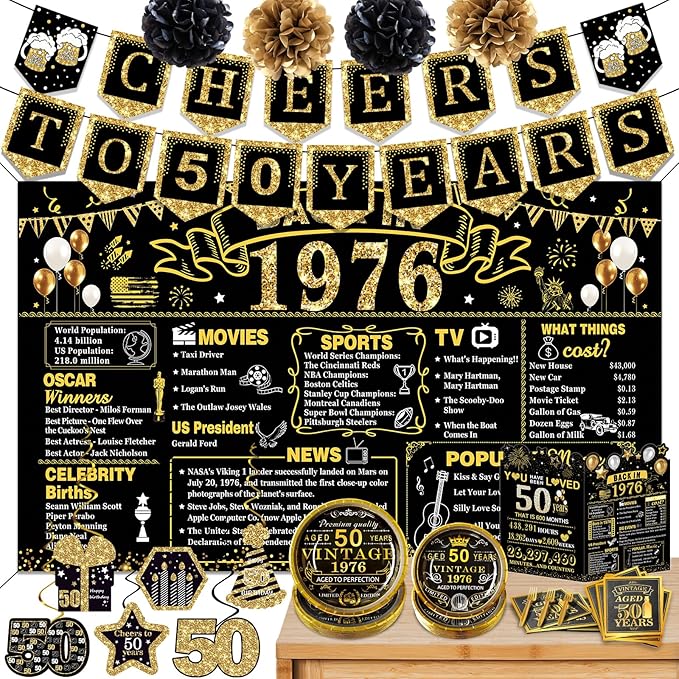 50th Birthday Decorations for Men Women, 103 PCS Back in 1976 Decorations, Vintage 50th Birthday Party Tableware Set for men,Backdrops,Card, banner, paper Poms,Hanging Swirl, Tableware for 24 Guests