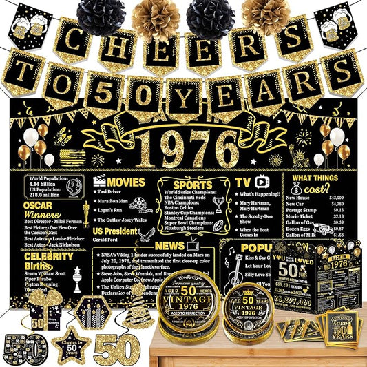 50th Birthday Decorations for Men Women, 103 PCS Back in 1976 Decorations, Vintage 50th Birthday Party Tableware Set for men,Backdrops,Card, banner, paper Poms,Hanging Swirl, Tableware for 24 Guests