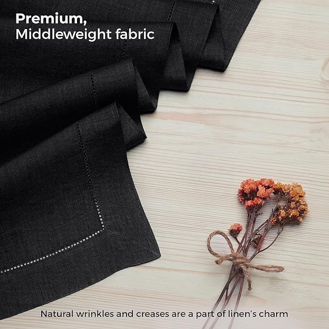 D'Moksha Homes Linen Black Table Runner 84 Inches Long - 100% Pure Linen Table Runner 14 x 84 Inch for Spring, Easter - Classic Hemstitch
