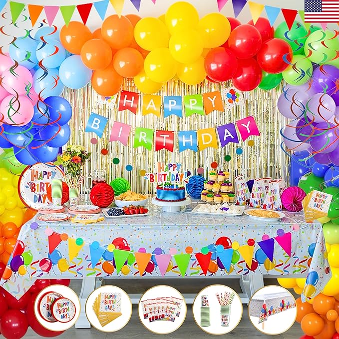 275 PC Colorful Birthday Party Decorations for Boy, Girl- Rainbow Party Supplies, Happy Birthday Banner, Balloons Garland Arch Kit Tablecloth Honeycomb Cake Topper Plates Cups Napkins Straws, 25 Guest