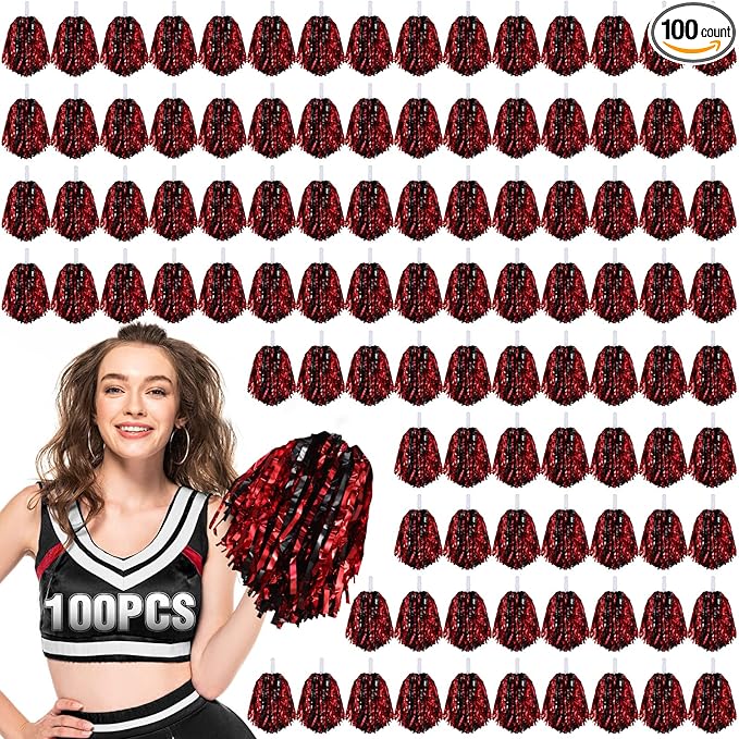 Hanaive 100Pcs Metallic Cheerleading Pom Poms with Baton Handle Cheerleader Pompom Foil 30g Cheering Squad Hand Flowers for Adults Team Spirit Sports Party Cheering