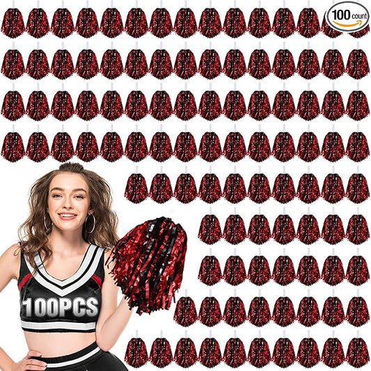 Hanaive 100Pcs Metallic Cheerleading Pom Poms with Baton Handle Cheerleader Pompom Foil 30g Cheering Squad Hand Flowers for Adults Team Spirit Sports Party Cheering