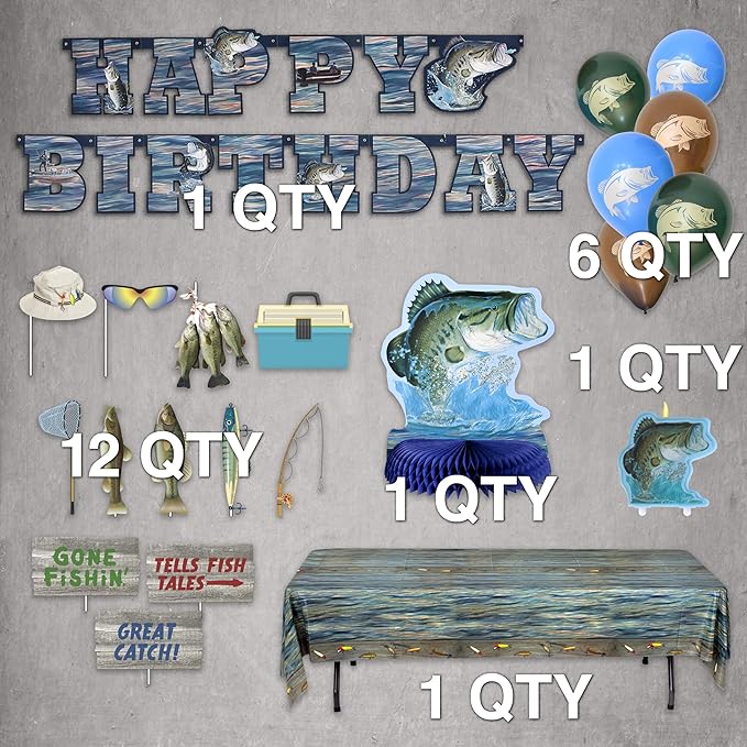 Havercamp Fishing Birthday Party Premium Decorations! Includes: Birthday Banner, Bass Centerpiece, 6 Bass Balloons, 12 Photo Props, 1 Cake Topper & 1 Heavy Duty Tablecover.