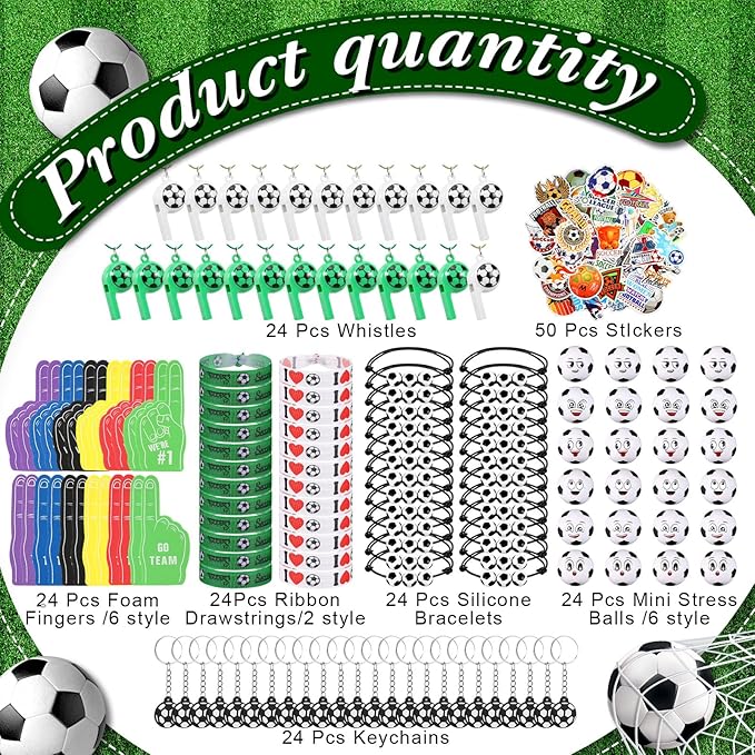 Maxdot 194 Pcs Soccer Party Favors 24 Set Soccer Goodie Foam Finger Mini Face StressBall Keychain Bracelet Wristband Whistle Sticker for Kids Birthday Party Supplies Gift