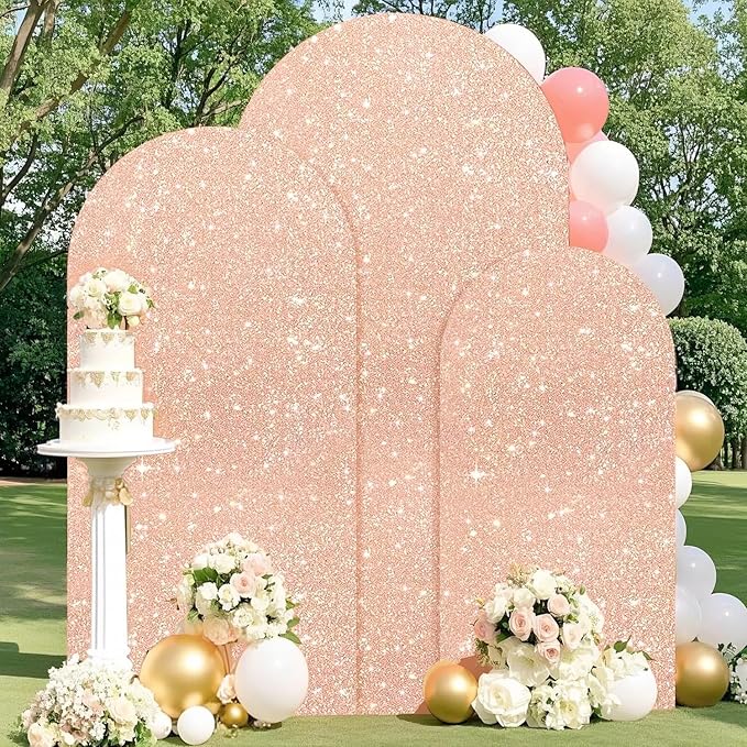 FUHSY Set of 3 Arch Backdrop Cover 7.2FT/6.6FT/6FT Rose Gold Spandex Sequin Arch Covers Stretchy Backdrop Glitter Wedding Arch Stand Cover for Birthday Party Banquet Graduation Ceremony Decoration