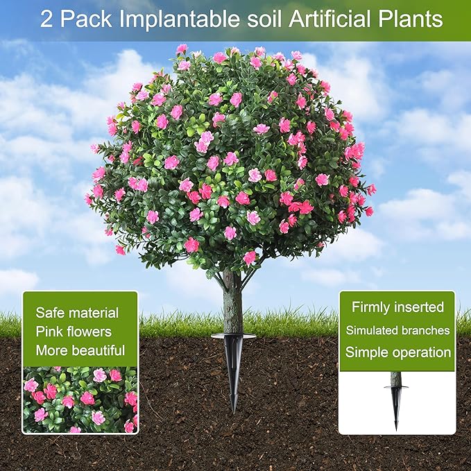4-Pack Artificial Boxwood Topiary Ball Plant with Pink Flowers, Ground Stake, UV-Resistant Outdoor & Indoor Decorative Flowers (4)