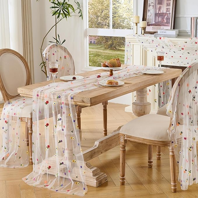 6PCS Lvory Floral Table Runner 10 FT, Embroidery Daisy Table Runners Seasonal Spring Summer Sheer Tulle Dining Table Decor for Home Party Birthday Decor 29x120 Inch ﻿
