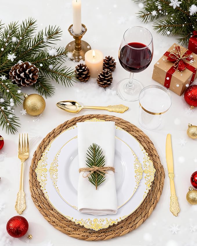 Nervure 175PCS Gold Plastic Plates - Disposable White Gold Party Plates & Pre Rolled Napkins with Cutlery for 25 Guests, 50Plates, 75Silverware, 25Cups, 25Napkin for Wedding & Party