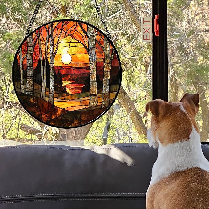 Stained Glass Window Hanging, Orange Red Landscape Forest Lake Moon Suncatcher for Doors Window Home Sun Catchers Decor Mother's Day Birthday Gifts for Women Men Mom 9.8 in