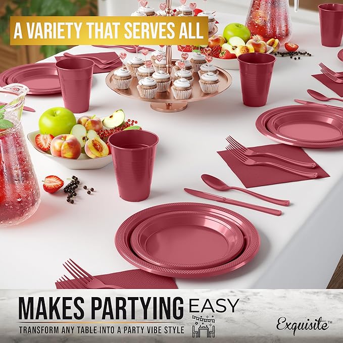 350 Pcs Burgundy Plastic Plates For Party, Burgundy Disposable Plates Set, 50 Of Each 9" Dinner Plate Set, 7" Dessert Plate, Cups, Napkins & Cutlery Plastic Dinnerware Exquisite