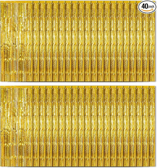 40 Pack Gold Foil Curtain Backdrop Metallic Tinsel Foil Fringe Curtains Photo Booth Props for Birthday Party Decoration Christmas Holiday Halloween New Year Party Supply