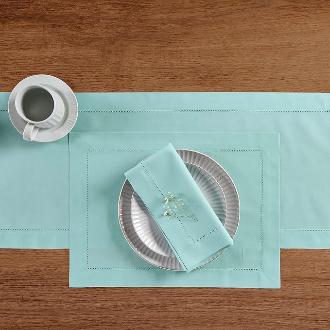 Solino Home Cotton Linen Placemats Set of 4 - Hemstitch Pastel Turquoise Placemats 14 x 19 Inch - Machine Washable Table Mats for Spring, Easter