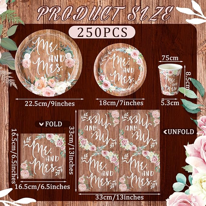 Zhehao 250 Pcs Retro Bridal Shower Plates Napkins Sets 50 Pcs 9'' Dinner Plates and 7'' Dessert Plate and 9oz Cups 100 Napkins Serves 50 Party Supplies Bridal Shower Engagement Decoration