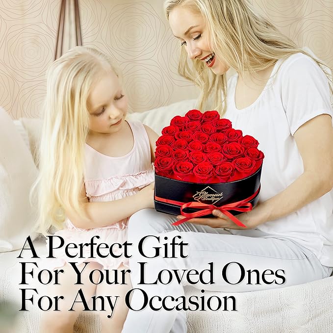 GLAMOUR BOUTIQUE 27 Flower Forever Heart Shape Box, Eternal Preserved Roses Gift for Her, Lasting Flowers, Premium Floral Heart Box for Birthday, Anniversary or Valentine’s Day, Red (Color-Treated)