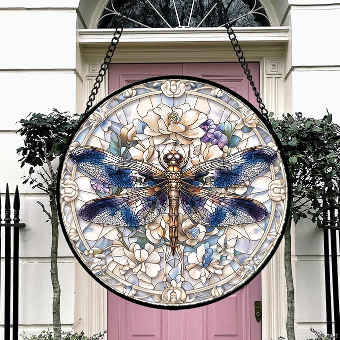Stained Glass Window Hanging, Dragonfly Flower Suncatcher for Doors Home Sun Catchers Decoration and Christmas, Mother's Day Birthday Gifts for Women, Men, and Mom 14.9x14.9 in