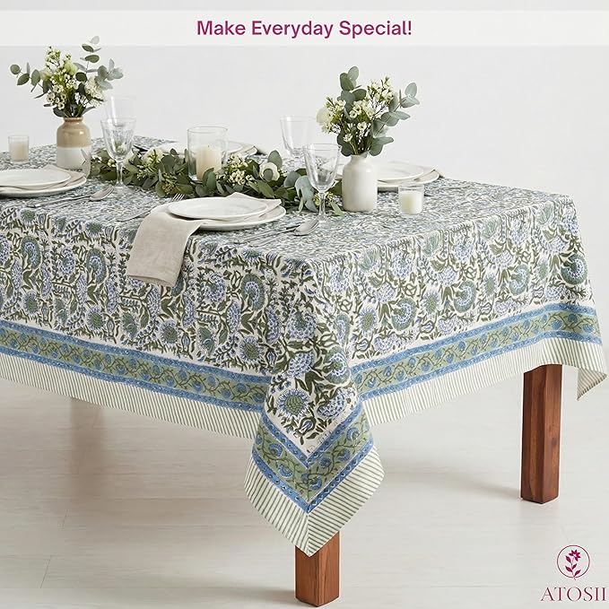 ATOSII Clover Blue 100% Cotton Rectangle Tablecloth, Handblock Floral Print Linen Table Cloth for Kitchen Dining I Parties, Outdoors, Fall Christmas Thanksgiving Holidays I 72 X 108 Inches I 8 Seater