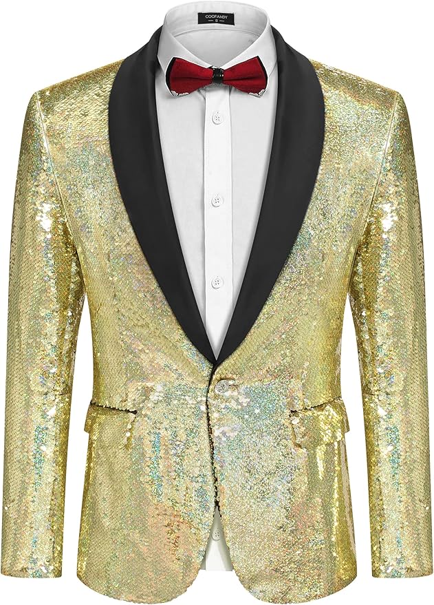 COOFANDY Mens Shiny Sequin Blazer Tuxedo Party Dinner Prom One Button Suit Jacket