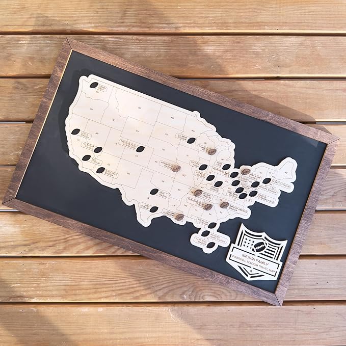 Personalized Wooden American Football Stadium Tracker Map - Football Stadium Bucket List - Custom Travel Map - Handcrafted Wall Art - Unique Gift for Football Fans (Without Silhouette)