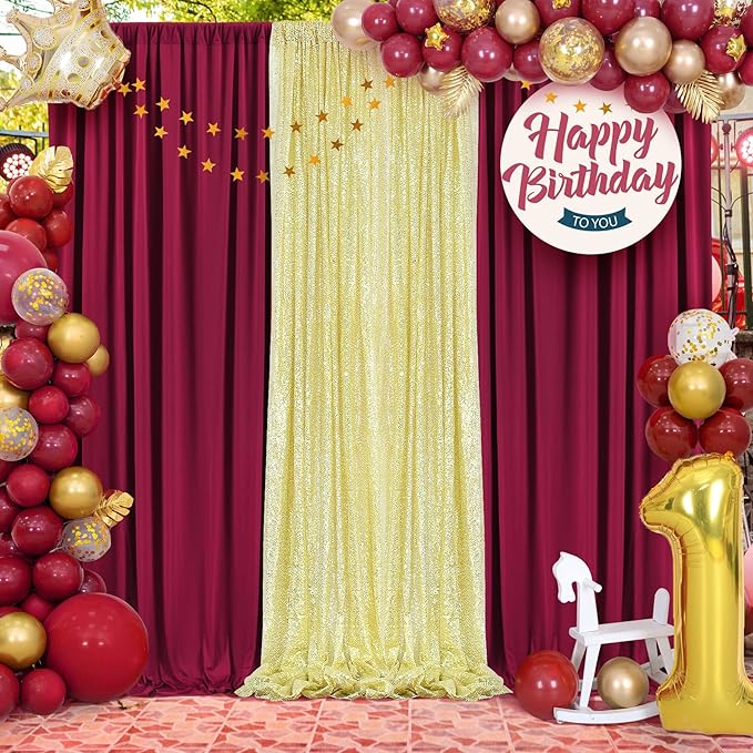 50ft×10ft Burgundy Wrinkle Free Backdrop Curtains for Parties, 10 Panels 5×10ft Soft Silky Wine Red Photo Backdrop Drapes for Birthday Party Baby Shower Wedding Mother's Day Photography