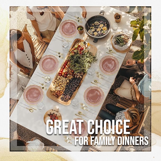 Exquisite Plastic Plates for Party 40 Piece Fancy Plastic Dinner Plates For 20 Guests 20 X 7.5 Dessert Plates & 20 X 10 Thin Delicate Disposable Dinnerware Charger Plate Pink Rose Gold Rim