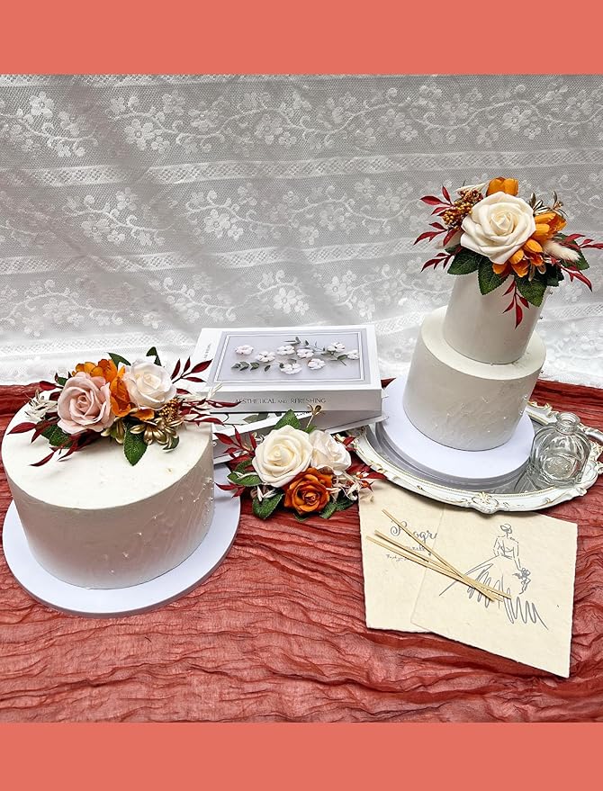 CherishedMoments 3Pcs Cake Topper Set, Artificial Flowers Decor Red Orange Cake Topper Decorations for Ceremony, Anniversary, Fall Vintage Wedding