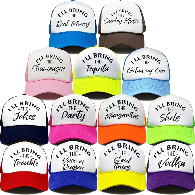 Funky Junque Women's Funny Trucker Hats: Adult Humor for Bachelorette & Girls Trips, Groups 3-25, Mesh Hat - I'll Bring The's